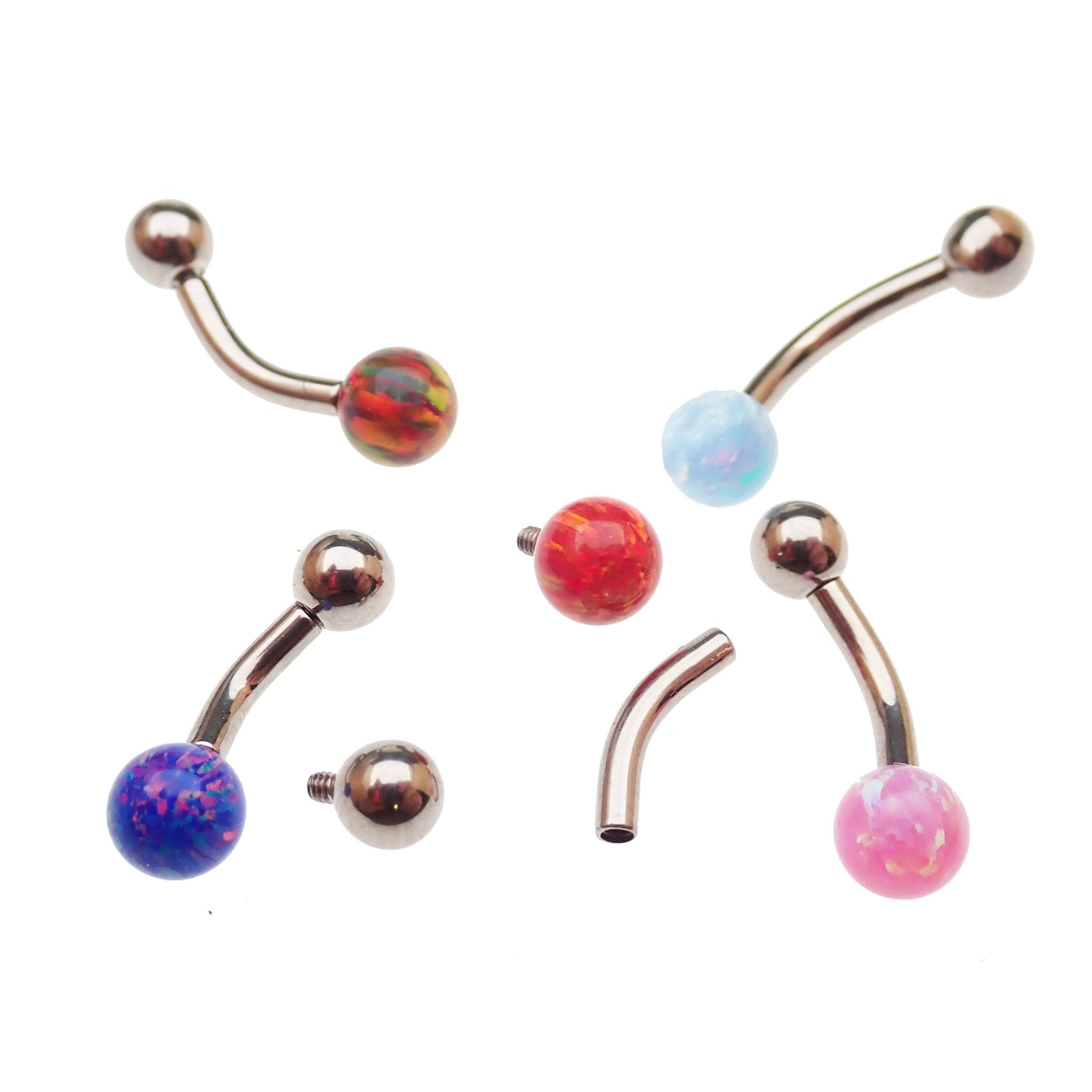 Curved titanium belly piercing with a 6mm pink opal gemstone, 14g thickness, body jewelry by Body Clickers.