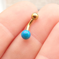 Curved titanium belly piercing with a 6mm bubblegum opal, 14g body jewelry by Body Clickers, featuring a sleek curved design.