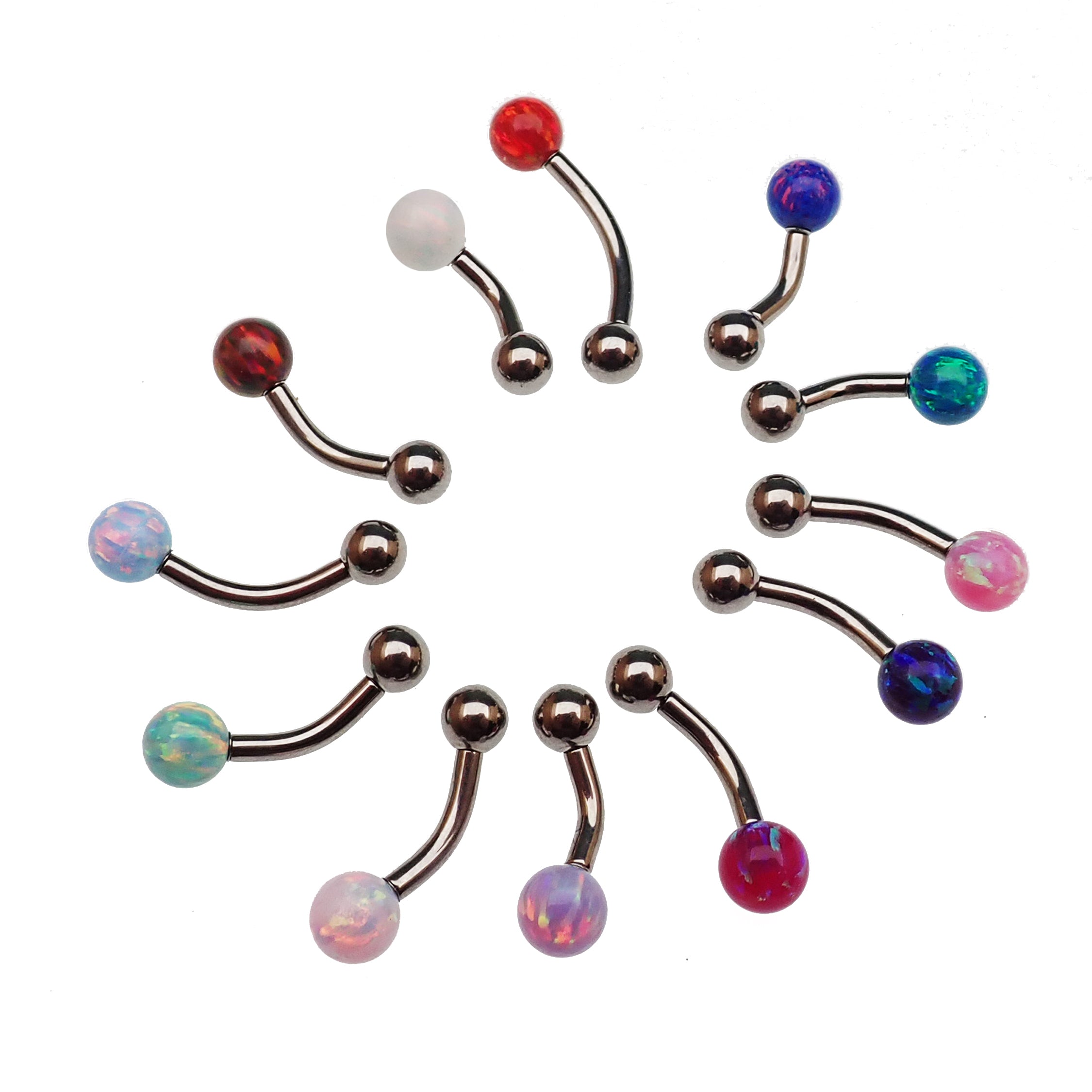Curved Opal 14g titanium belly piercing jewelry by Body Clickers with a 6mm bubblegum-colored opal and sleek curved design.