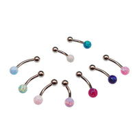 Curved titanium belly piercing with a 6mm pink opal gemstone, 14g body jewelry from Body Clickers.