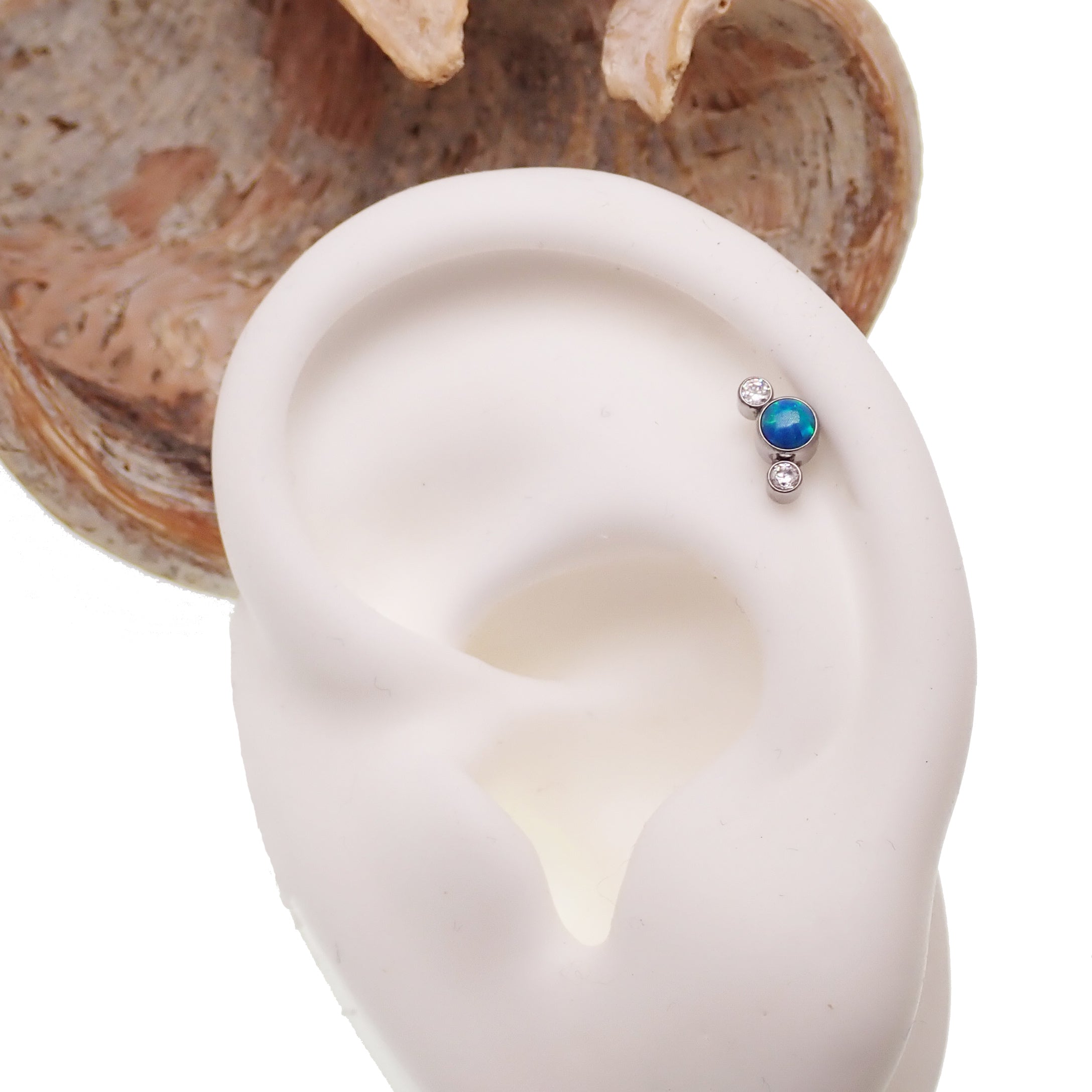 Body Clickers CZ & Opal Small Cluster Flatback Piercing in 14g, 16g, 18g with clear CZ and opal accents, body jewelry.