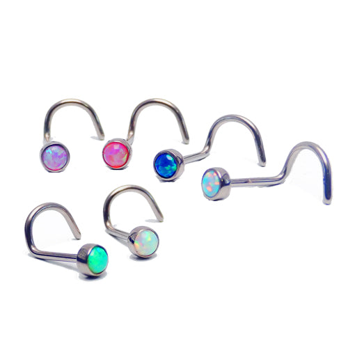 Opal nose curl body jewelry by Body Clickers, 20g gauge, featuring a bubblegum pink opal stone and curved design for nostril piercing.