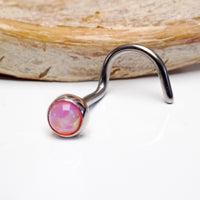 Body Clickers Opal Nose Curl 20g body jewelry with pink bubblegum opal design, suitable for pierced noses.