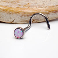 Opal nose curl body jewelry by Body Clickers, 20g gauge, featuring a bubblegum-colored opal stone and curved design.