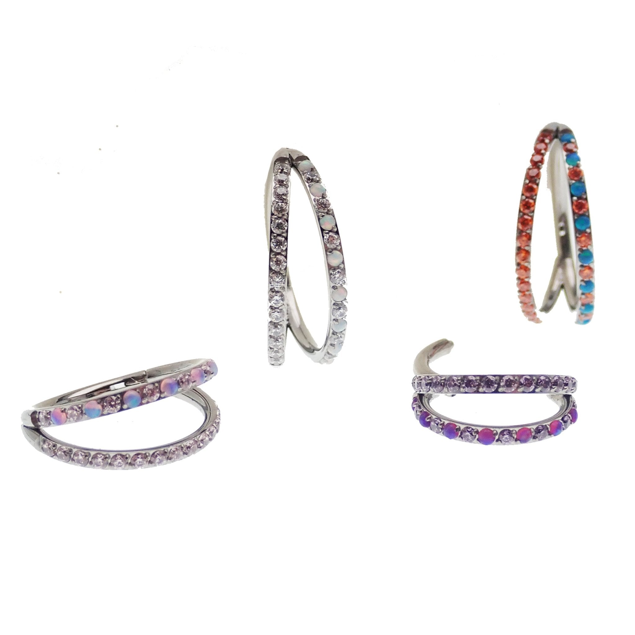Double layer 16g split opal and CZ titanium clicker body jewelry with intricate design, ideal for piercings.