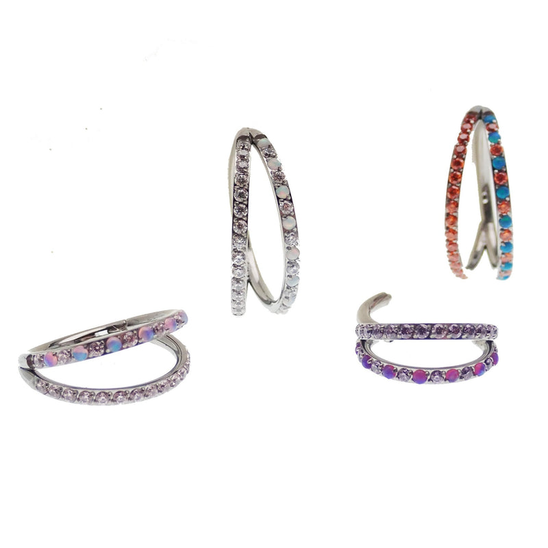 Pink double layer 16g split opal and CZ titanium clicker body jewelry by Body Clickers, featuring stylish and colorful design.