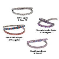 Double layer 16g split opal and cubic zirconia titanium clicker body jewelry with a sleek, modern design.