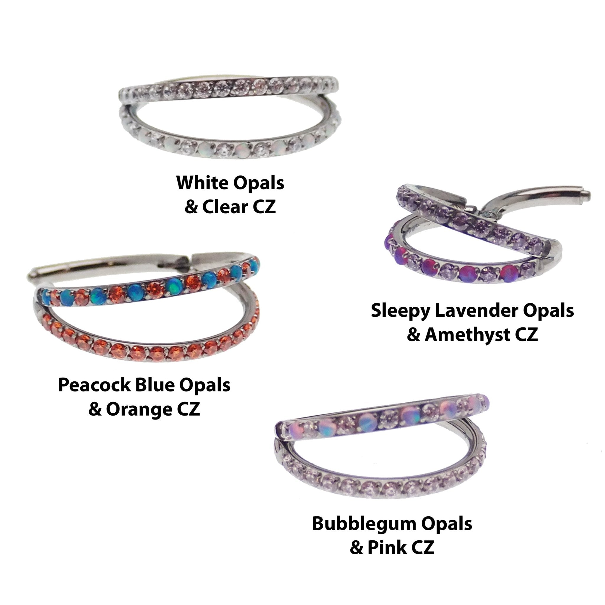 Double layer 16g split opal and cubic zirconia titanium clicker body jewelry with a sleek, modern design.
