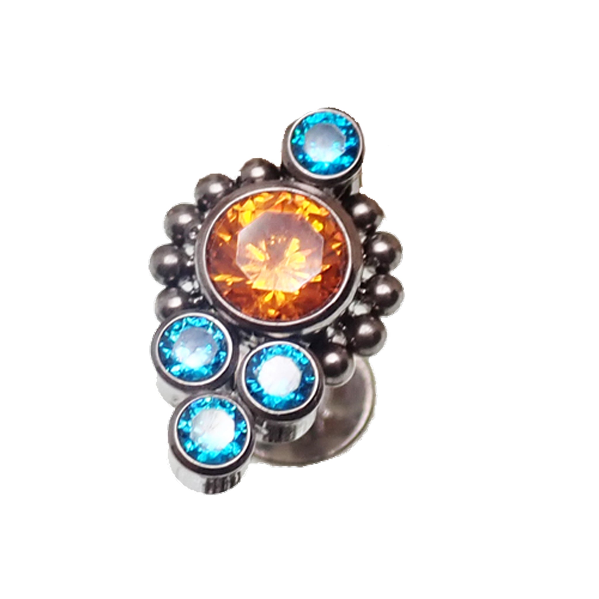 Burnt orange and teal CZ cluster flat back labret body jewelry by Body Clickers in 14g, 16g, and 18g gauges.