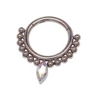 Beaded titanium teardrop clicker ring 16g, body jewelry with intricate bead design and comfortable clicker closure.