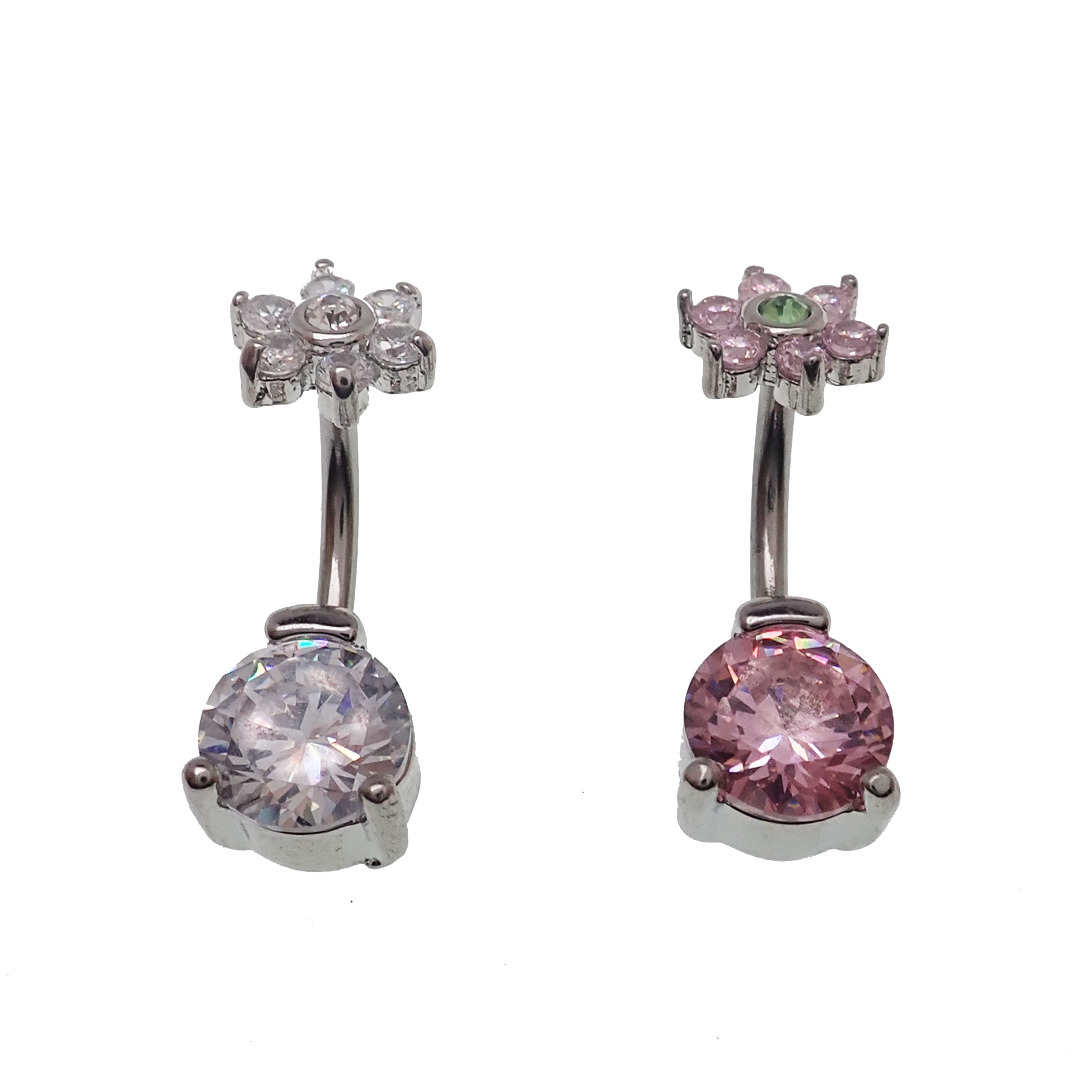 Circular CZ and flower design belly bar jewelry in 14g stainless steel, featuring sparkling cubic zirconia accents.