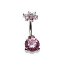 Circular CZ and flower belly bar body jewelry by Body Clickers, 14g, featuring sparkling cubic zirconia stones and floral design.