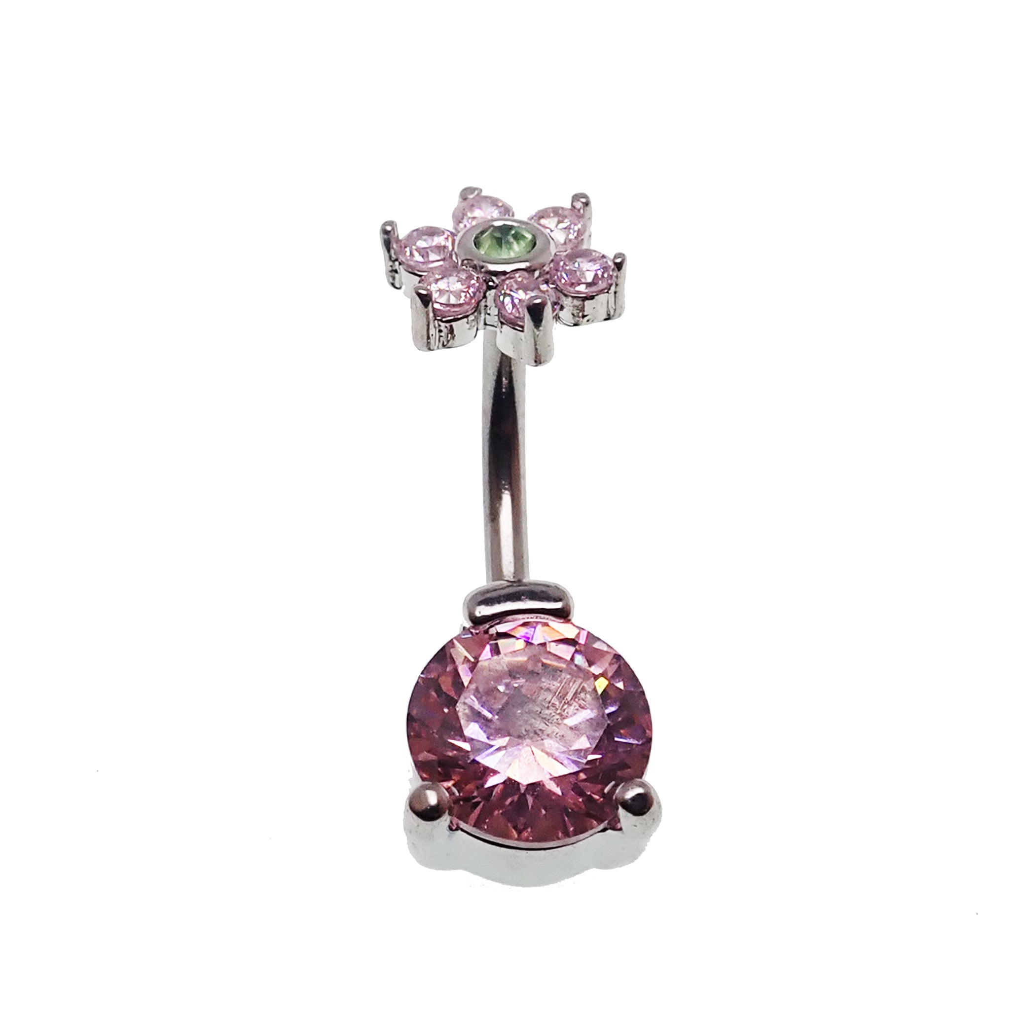 Circular CZ and flower belly bar body jewelry by Body Clickers, 14g, featuring sparkling cubic zirconia stones and floral design.