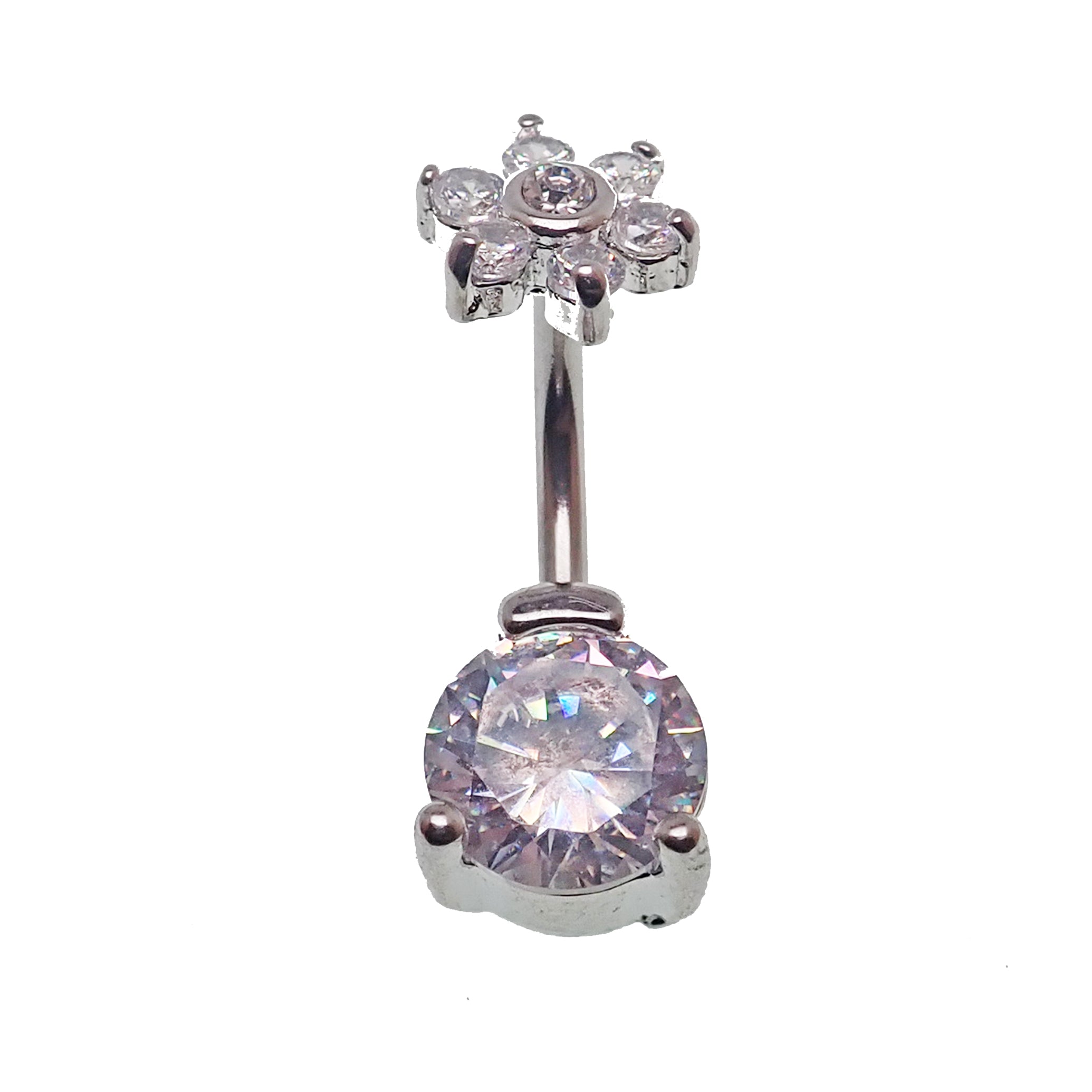 Circular CZ and flower-shaped belly bar body jewelry in 14g with sparkling cubic zirconia stones and floral design.