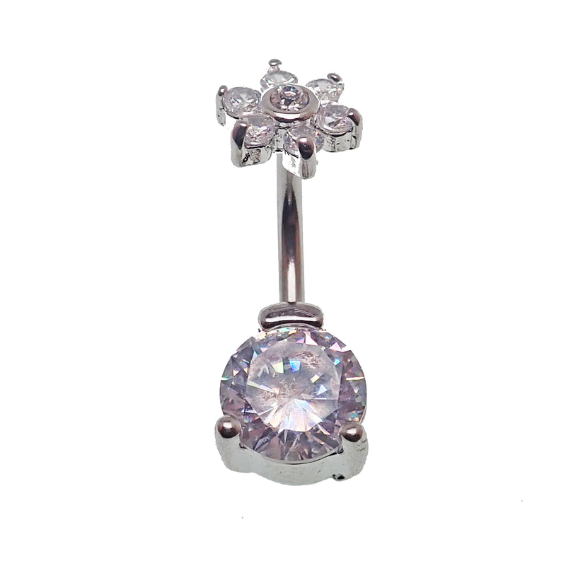 Circular CZ and flower-shaped belly bar body jewelry in 14g with sparkling cubic zirconia stones and floral design.