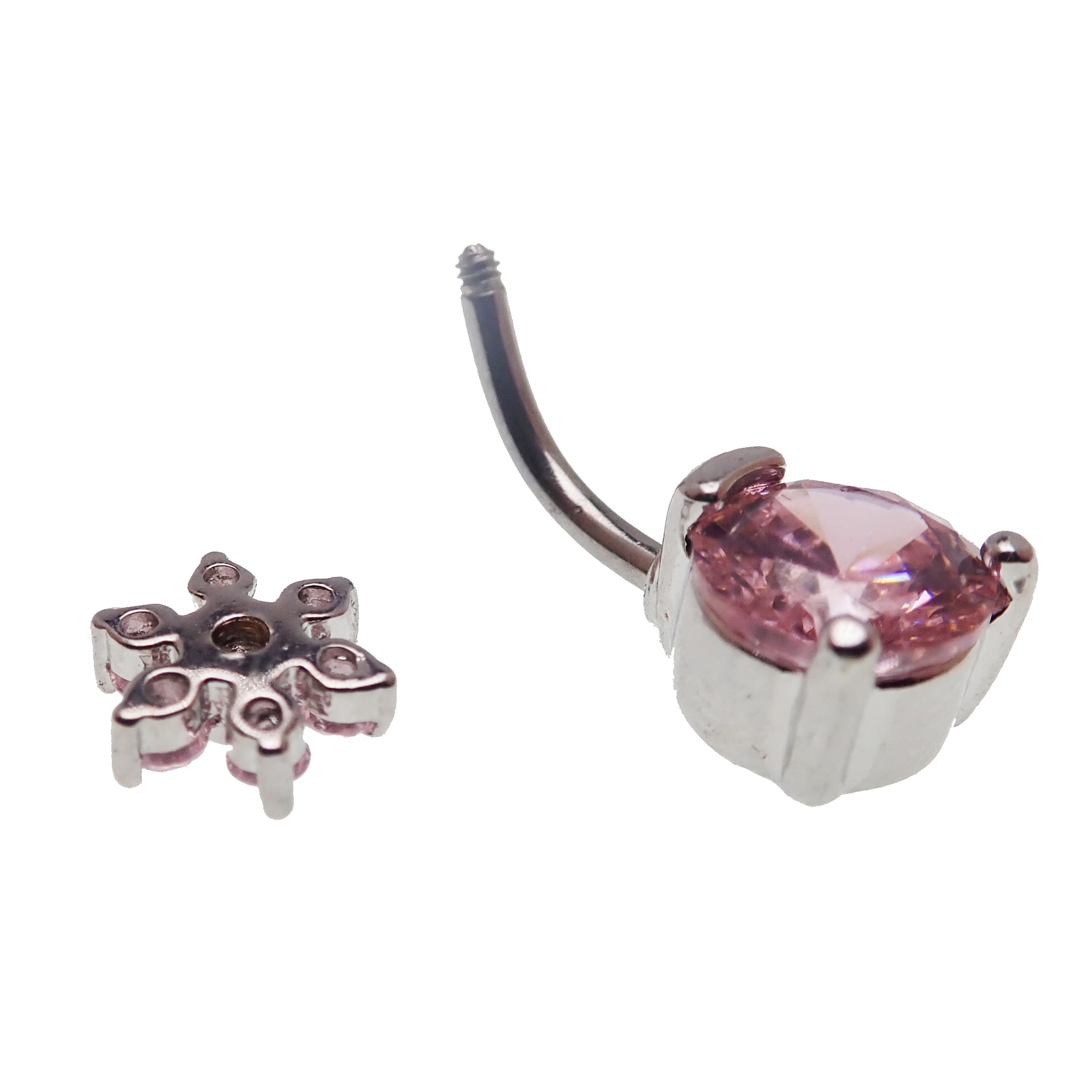 Circular CZ and flower design belly bar body jewelry by Body Clickers, 14g, with sparkling cubic zirconia accents.