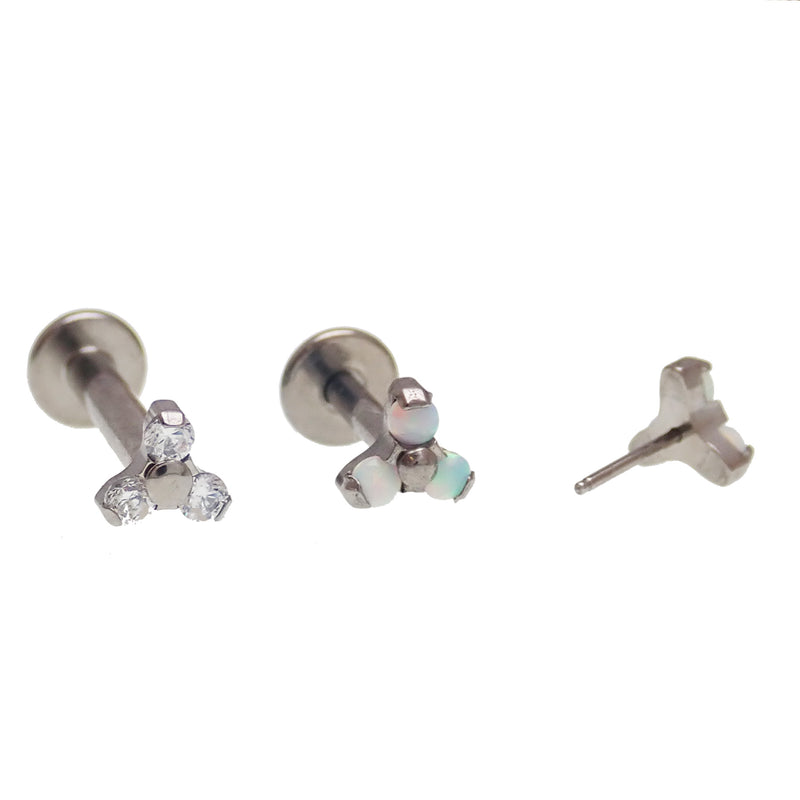 White opal and clear CZ tri-cluster body jewelry with flat back for 14g, 16g, 18g, or 20g gauges, by Body Clickers.