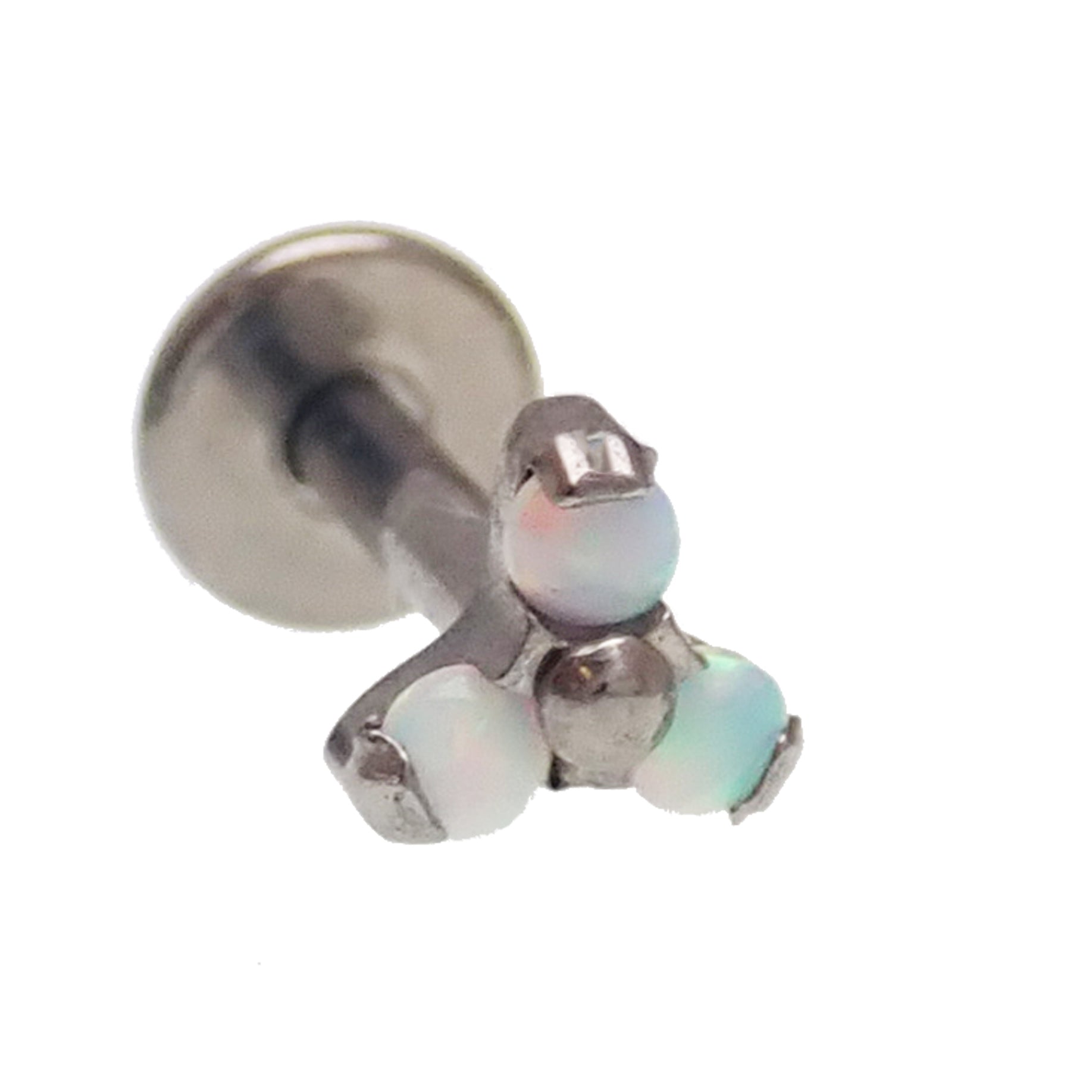 White opal and clear CZ tri-cluster flat back body jewelry by Body Clickers in 14g, 16g, 18g, or 20g sizes.