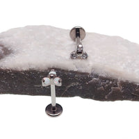 White opal and clear CZ tri-cluster body jewelry by Body Clickers, flat back design in 14g, 16g, 18g, 20g gauges.