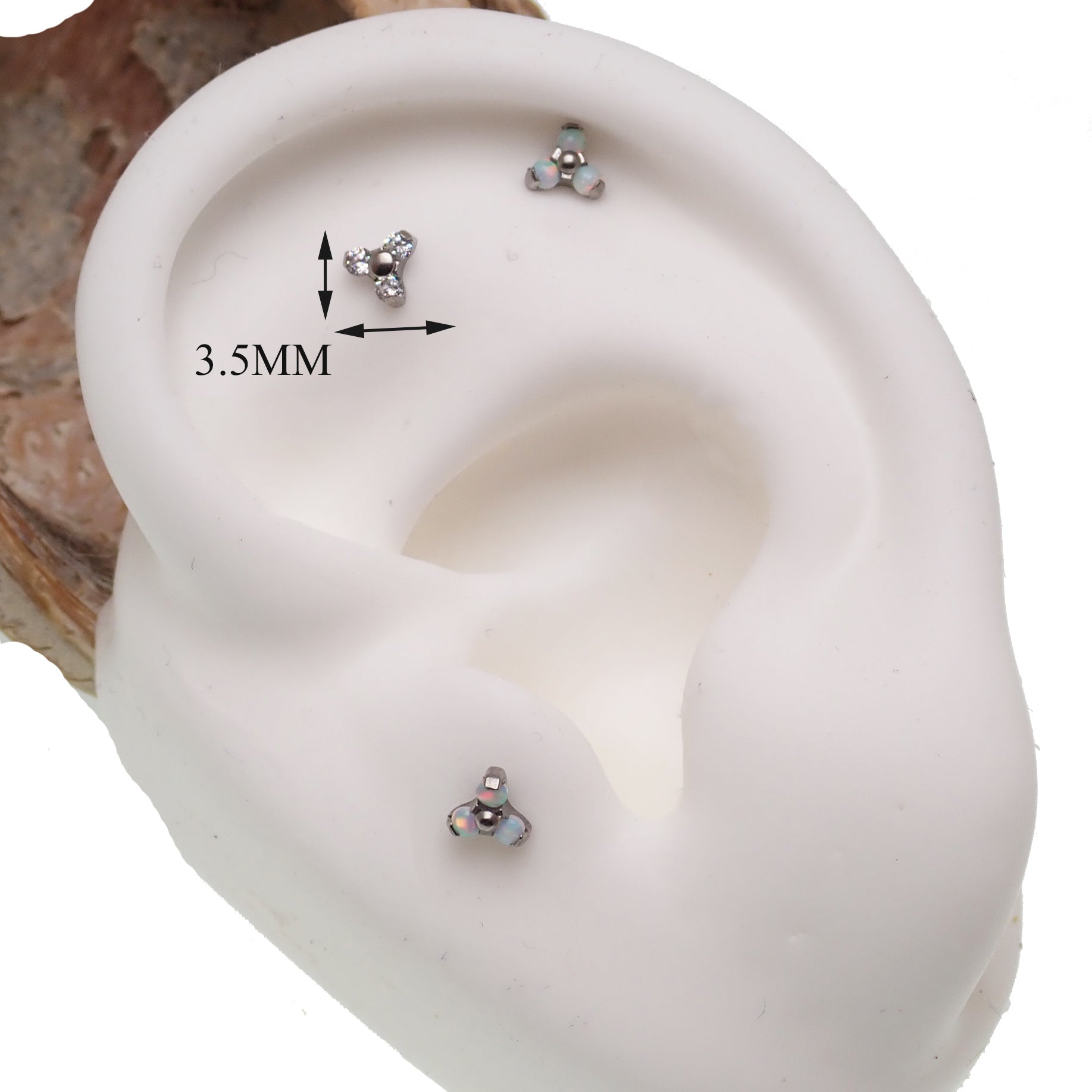 White Opal and Clear CZ tri-cluster body jewelry with flat back design in 14g, 16g, 18g, or 20g gauges from Body Clickers.