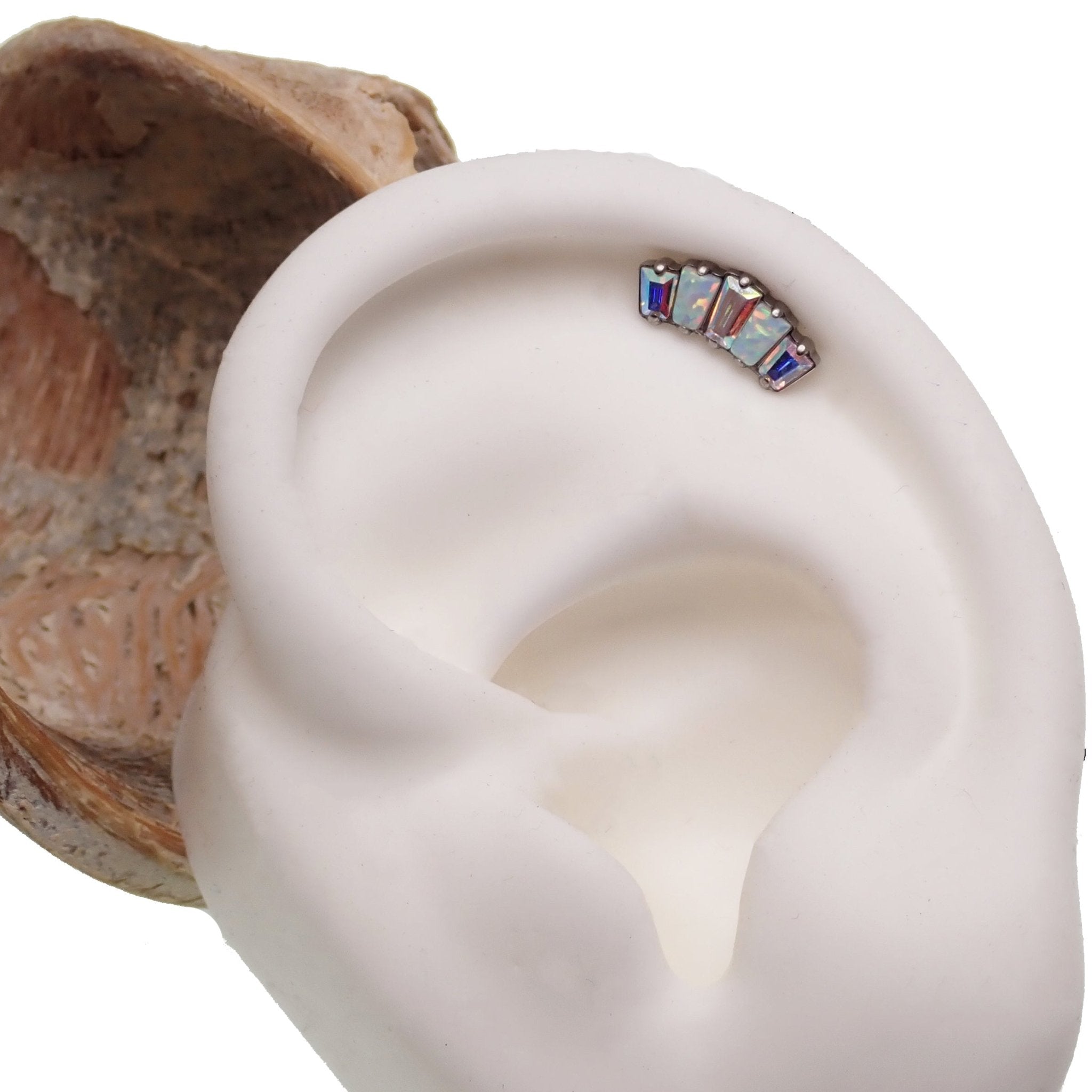 Marquise opal and AB cubic zirconia push fit body jewelry by Body Clickers in 14g to 20g with labet stud, clear stones.