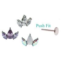 Clear CZ petal flower body jewelry by Body Clickers, available in 14g, 16g, and 18g push-fit flatback styles.