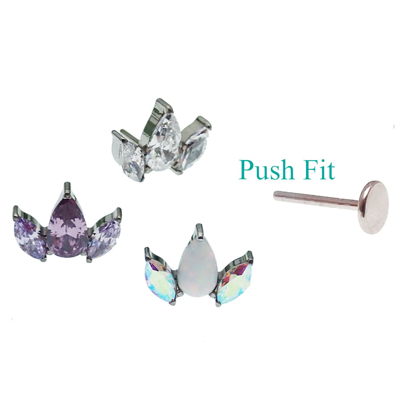 Clear CZ petal flower body jewelry by Body Clickers, available in 14g, 16g, and 18g push-fit flatback styles.