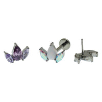 Clear CZ petal flower body jewelry by Body Clickers in 14g, 16g, and 18g with push fit flatback design.