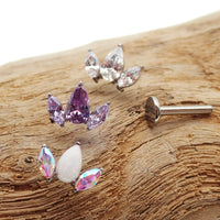 Clear CZ petal flower body jewelry by Body Clickers in 14g, 16g, and 18g with push-fit flatback for body piercing.