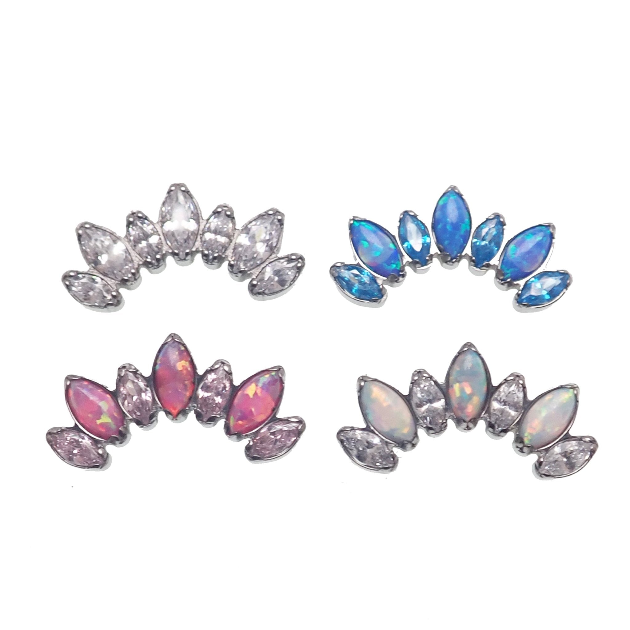 Titanium opal and CZ 7-petal crown flatback body jewelry by Body Clickers, internally threaded, 18g with 6mm stones.