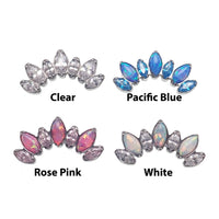 Titanium Opal and CZ 7-Petal Crown flatback body jewelry by Body Clickers, internally threaded, 18g with clear CZ and opal accents.