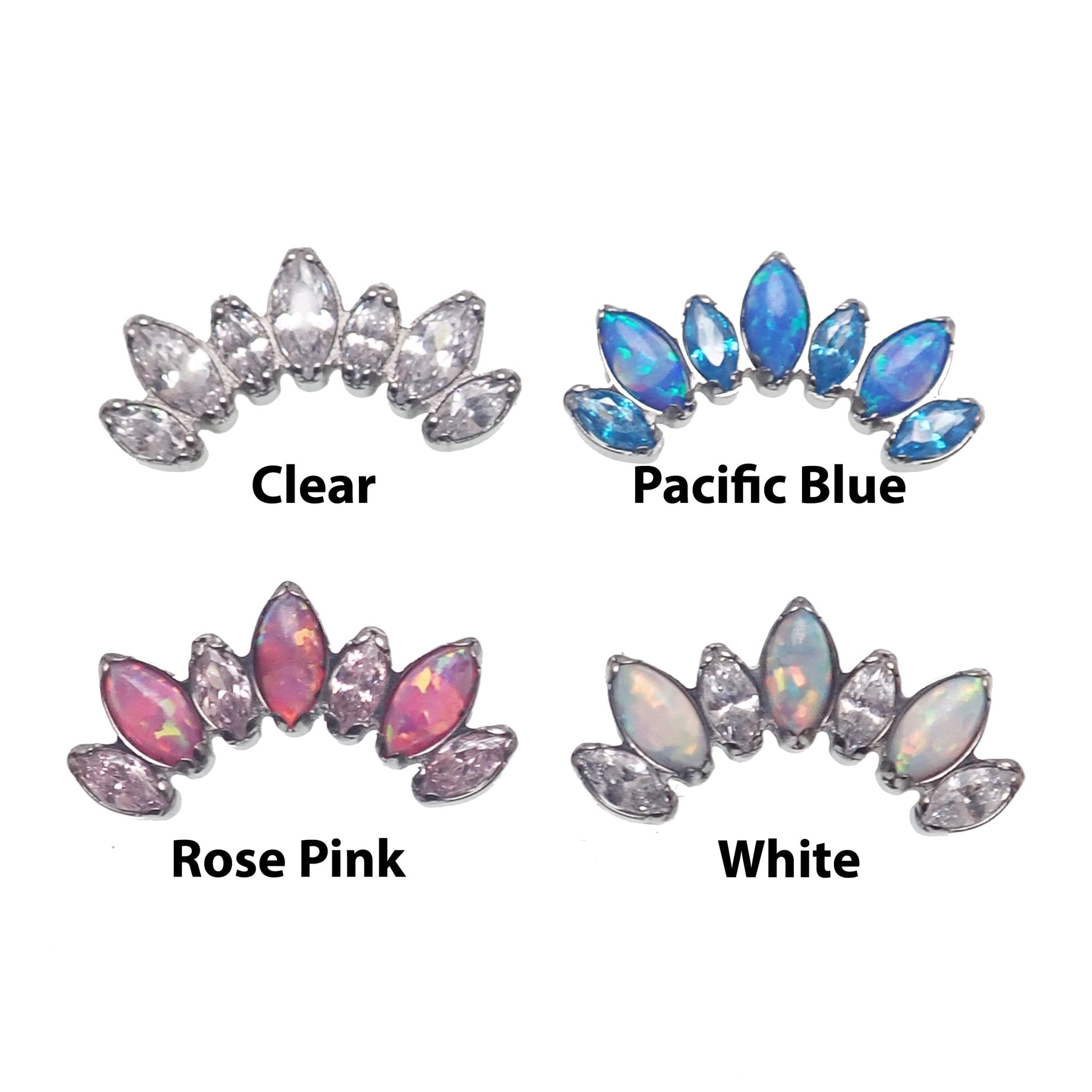 Titanium Opal and CZ 7-Petal Crown flatback body jewelry by Body Clickers, internally threaded, 18g with clear CZ and opal accents.