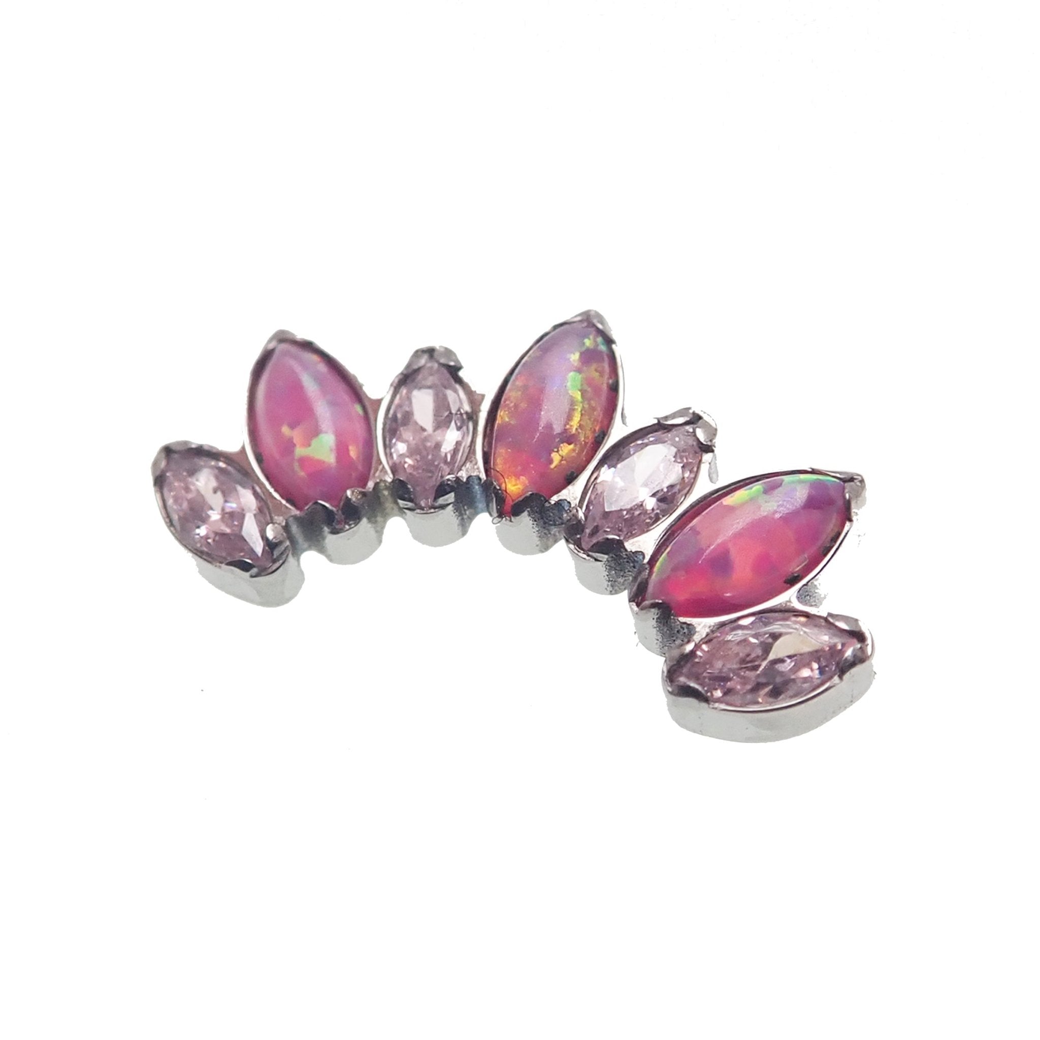 Titanium Opal and CZ 7-petal crown flatback body jewelry by Body Clickers, 18g internally threaded with clear CZ and opal accents