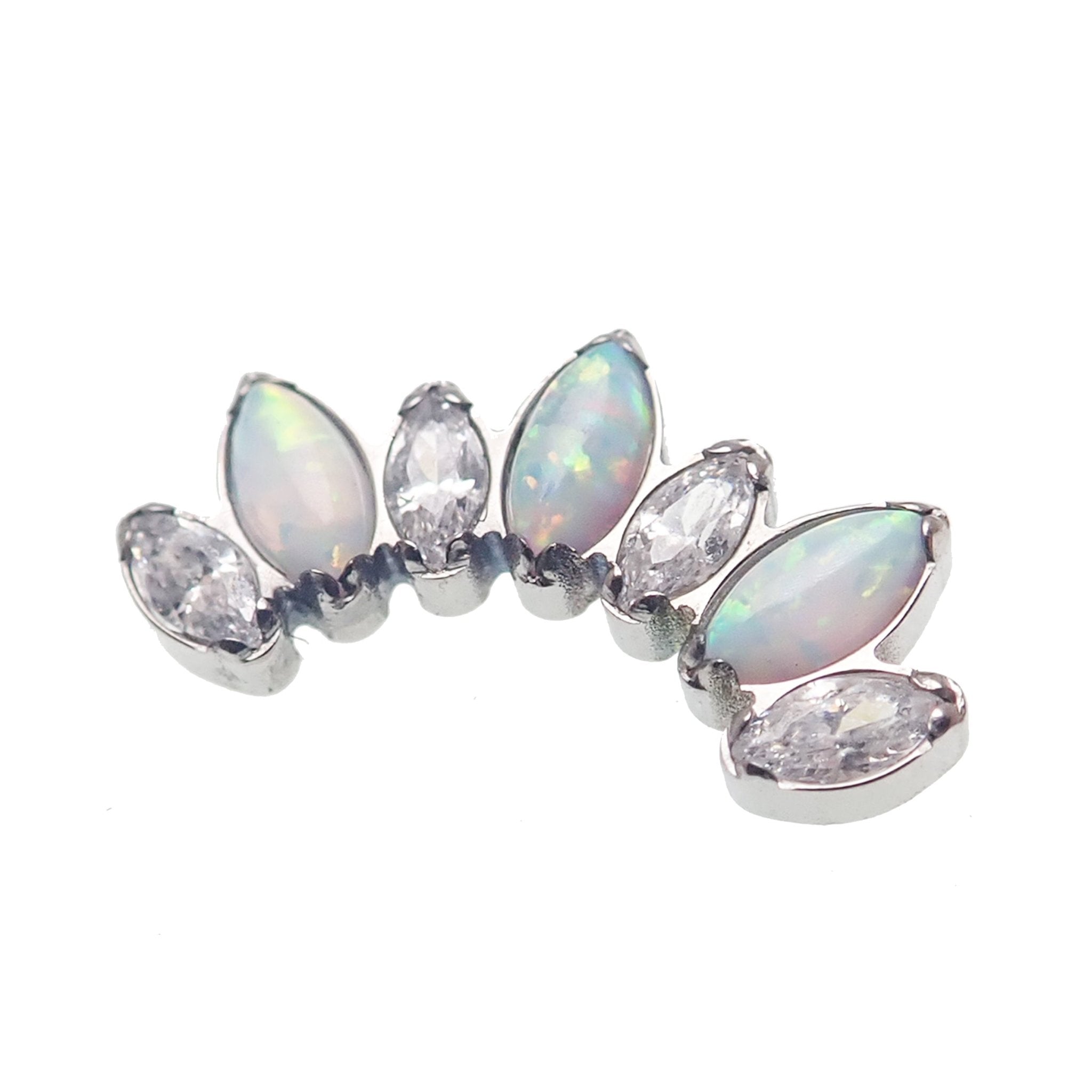 Titanium Opal and CZ 7-Petal Crown flatback body jewelry by Body Clickers, internally threaded 18g piercing with clear stones.