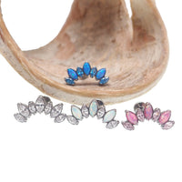 Titanium Opal and CZ 7-Petal Crown flatback body jewelry by Body Clickers, internally threaded 18G, 6mm size with clear CZ accents.