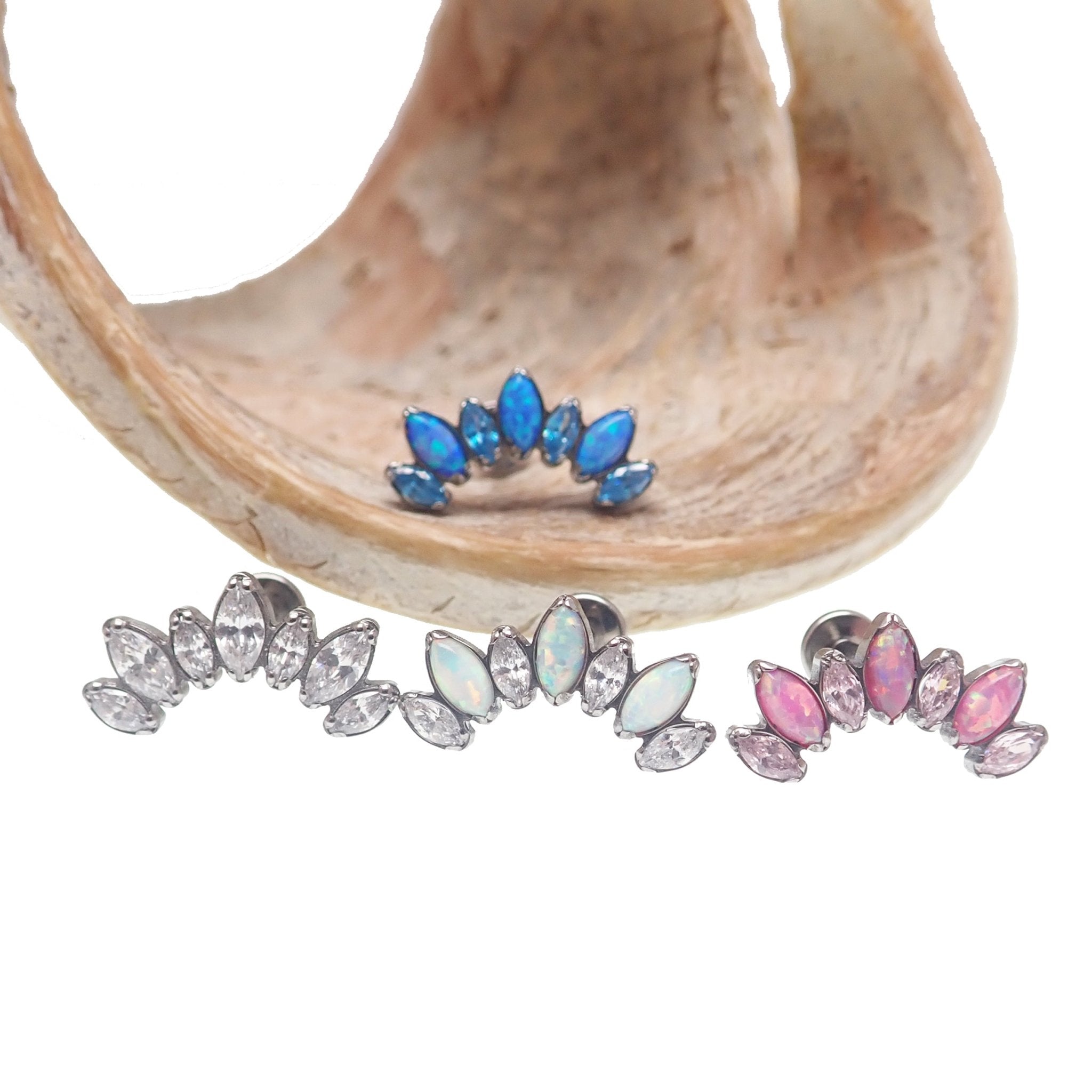 Titanium Opal and CZ 7-Petal Crown flatback body jewelry by Body Clickers, internally threaded 18G, 6mm size with clear CZ accents.