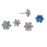 Opal and clear CZ flower push-fit titanium body jewelry attachments by Body Clickers, designed for body piercing accessories.