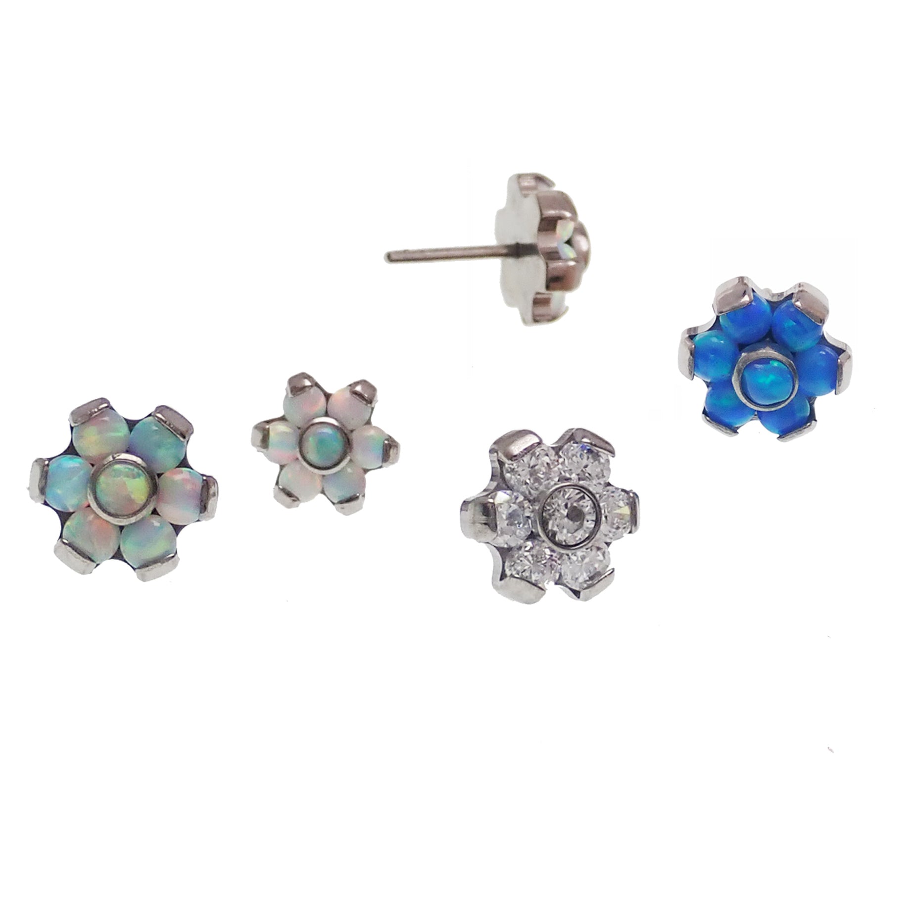 Opal and clear CZ flower push-fit titanium body jewelry attachments by Body Clickers, designed for body piercing accessories.