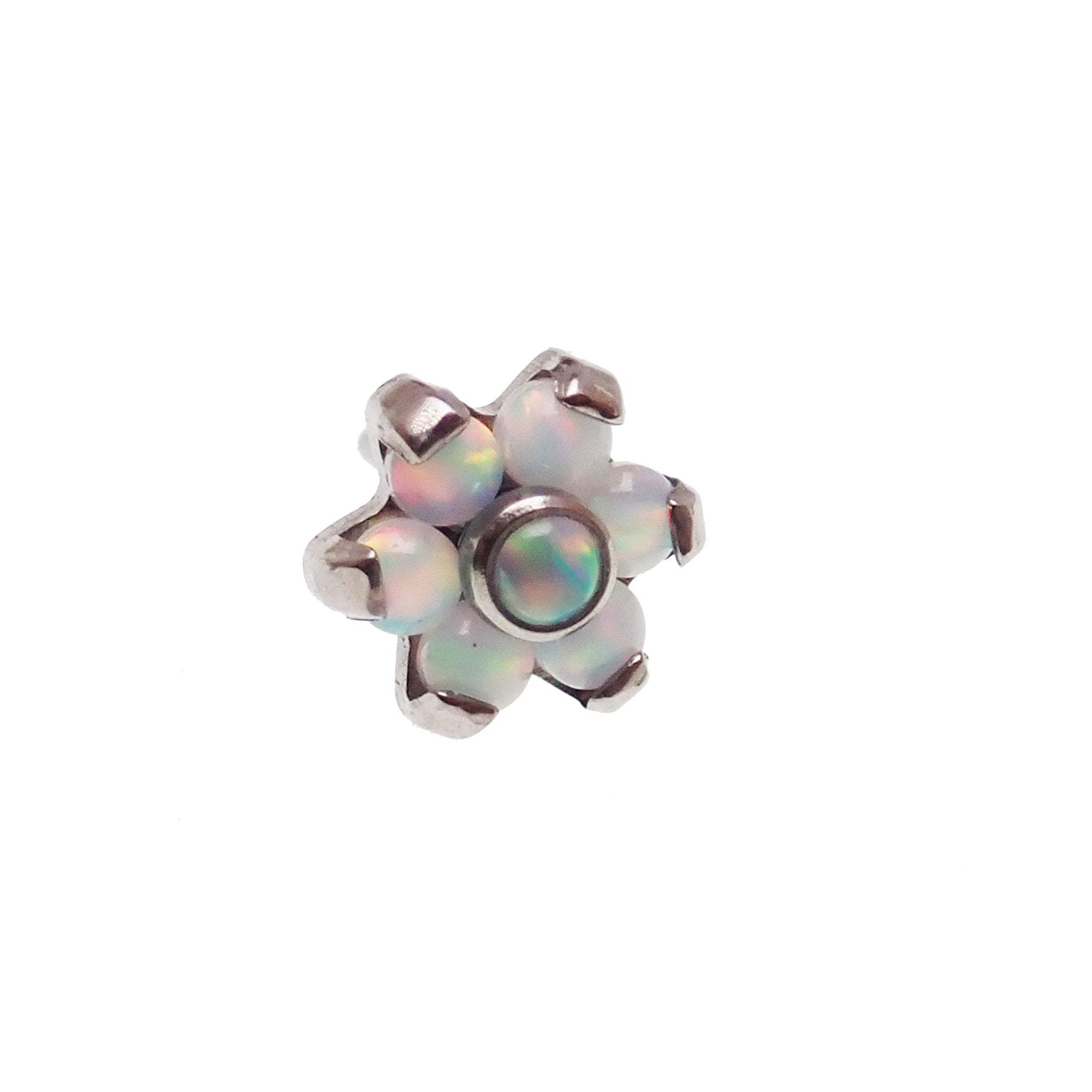 Clear CZ and opal flower push-fit titanium attachments for body jewelry by Body Clickers, featuring 5mm stones and floral design.