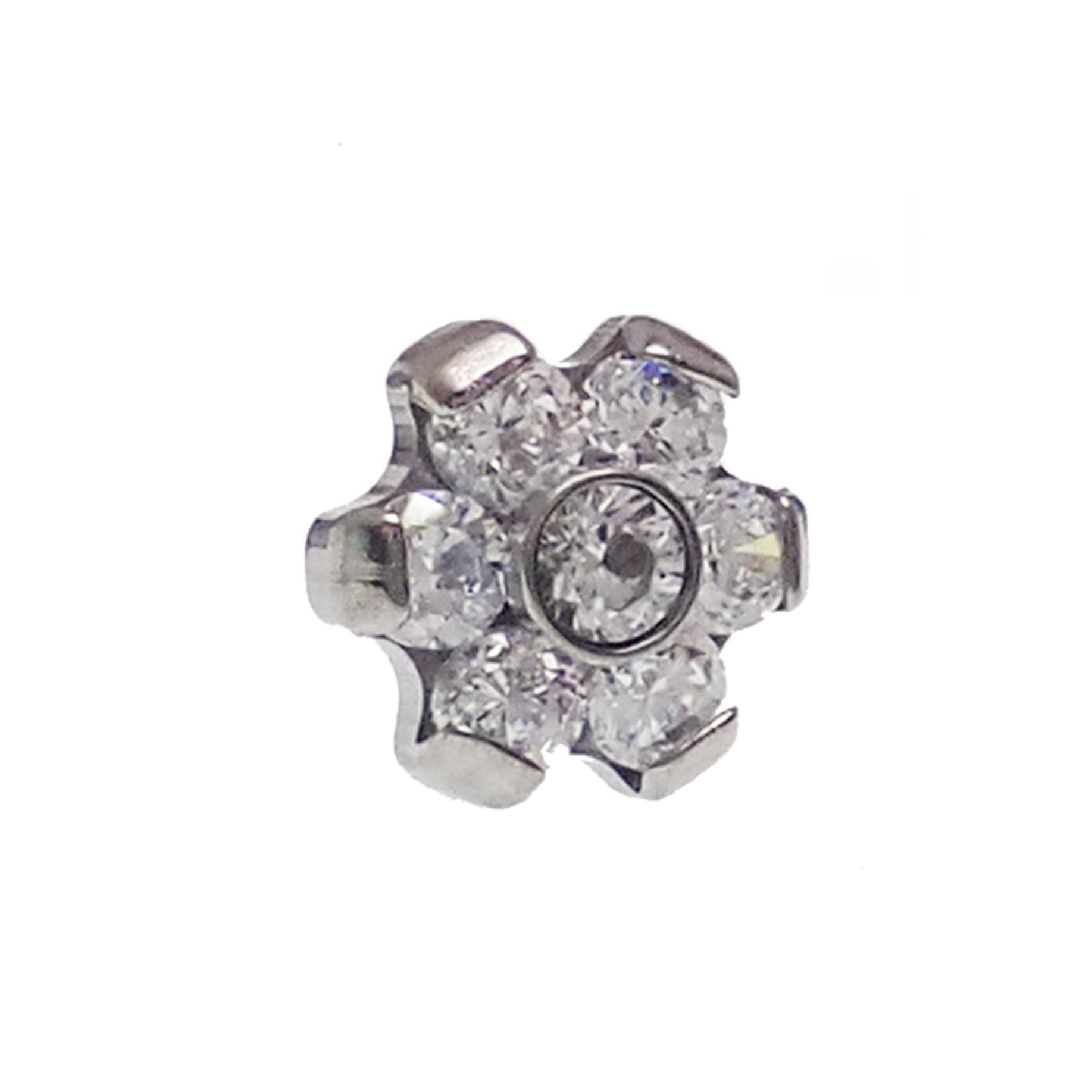 Opal and CZ flower push fit titanium attachments for body jewelry by Body Clickers, showcasing clear gemstones and floral design.