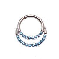 Double crystal titanium clicker in 16g with clear gemstones, body jewelry featuring a sleek, modern design.