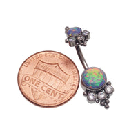 Body Clickers blue belly bar with opal, CZ stones, and beads, 14g body jewelry for navel piercing.