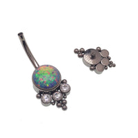 Body Clickers blue belly bar with opal and CZ stones, beaded design, 14g body jewelry for navel piercing.
