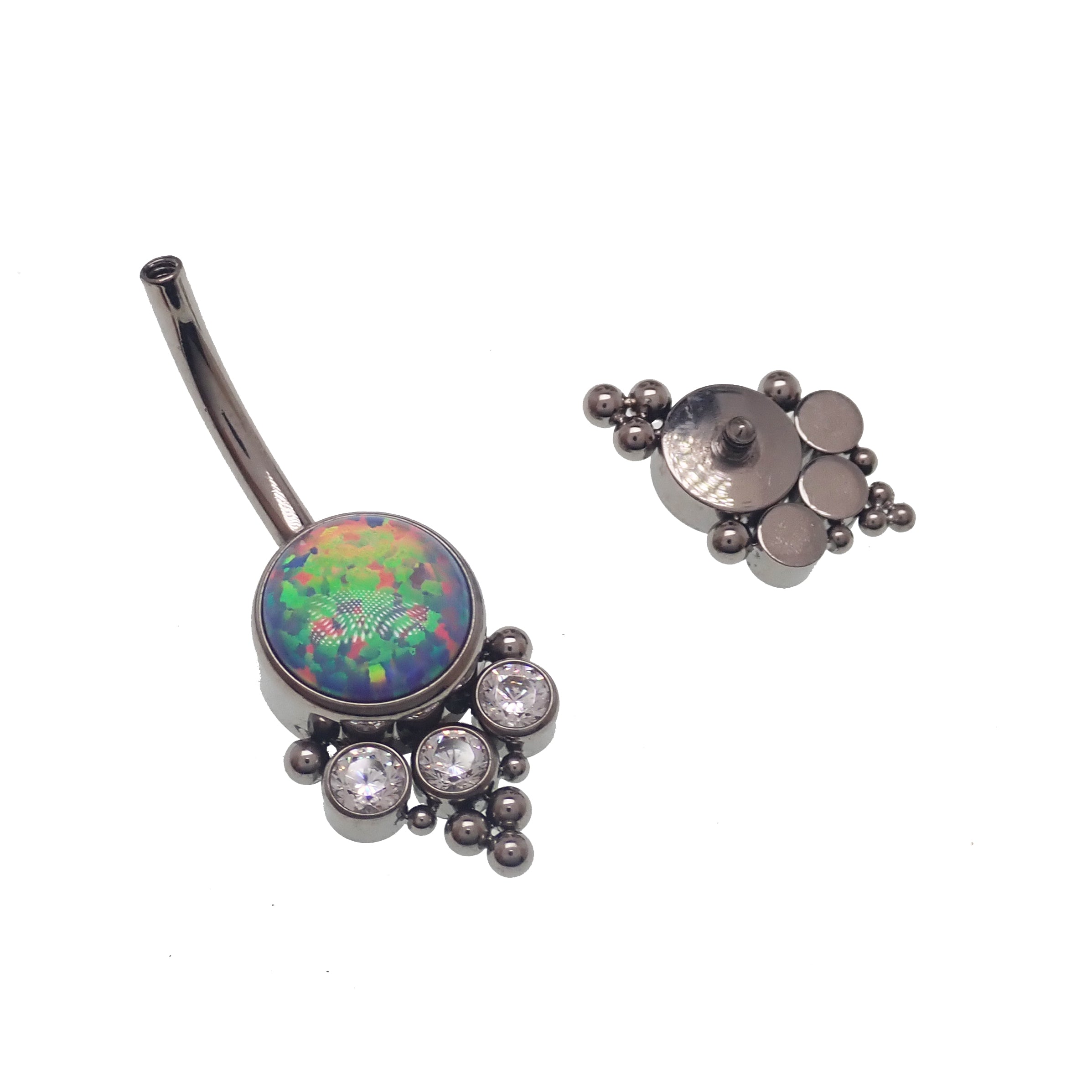 Body Clickers blue belly bar with opal and CZ stones, beaded design, 14g body jewelry for navel piercing.