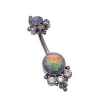 Opal and CZ stone belly bar with beads, 14g body jewelry by Body Clickers, featuring cornflower blue accents and decorative details.