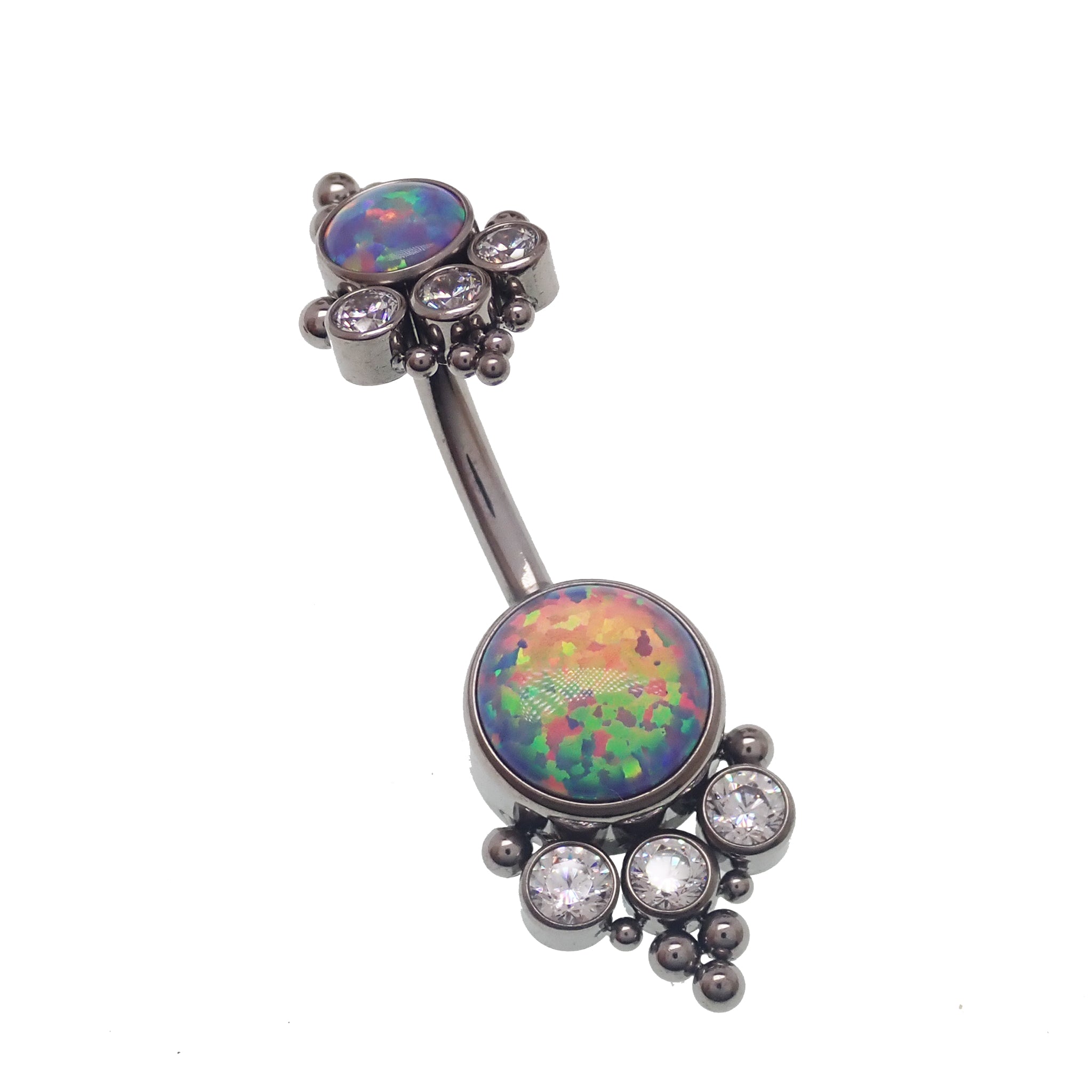 Opal and CZ stone belly bar with beads, 14g body jewelry by Body Clickers, featuring cornflower blue accents and decorative details.
