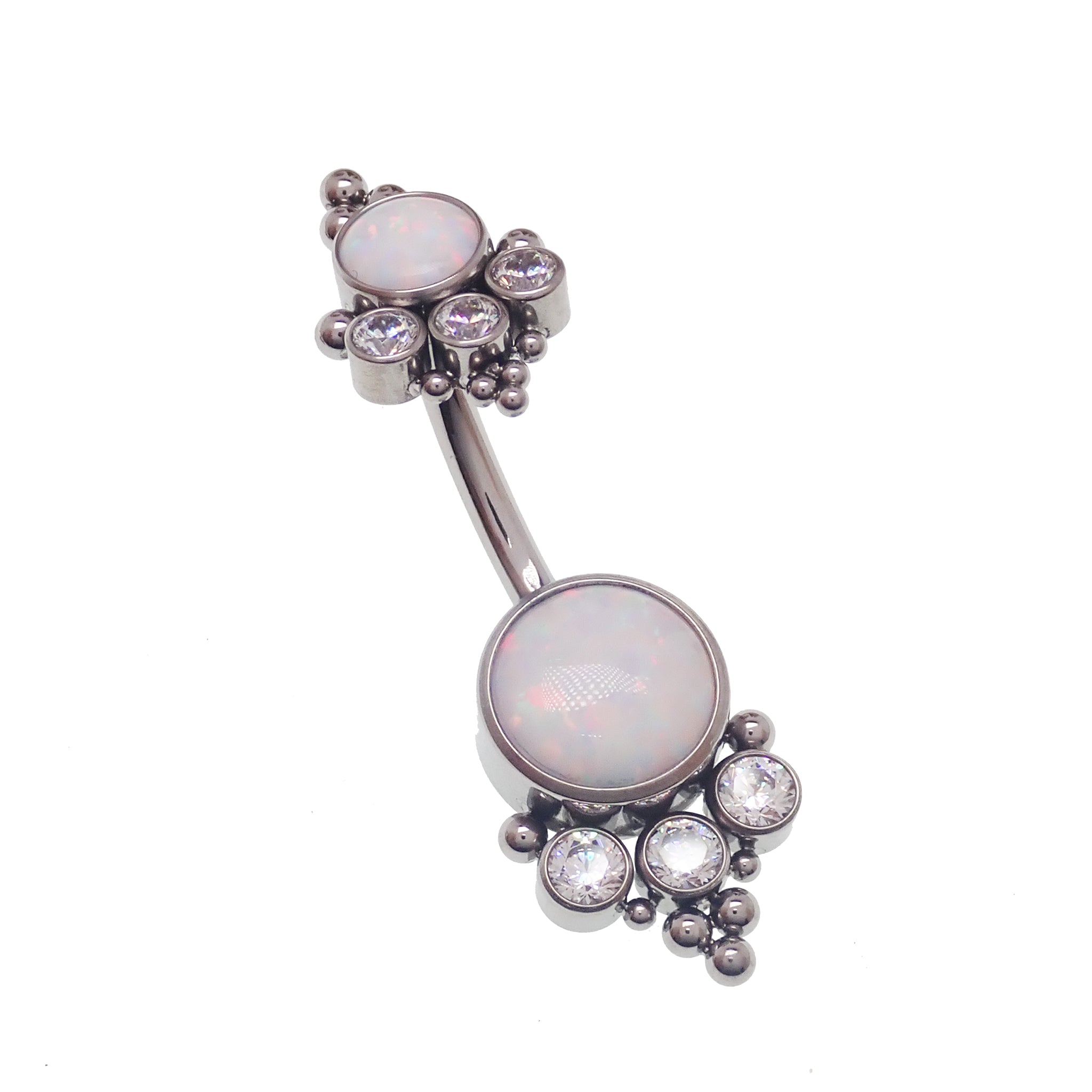 Opal and CZ stone belly bar with blue beads, 14g body jewelry by Body Clickers, featuring a decorative design and vibrant colors.