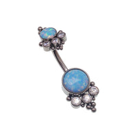 Opal and CZ stone belly bar with beads in cornflower blue, 14g Body Clickers body jewelry for navel piercing.