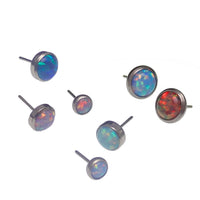 Straight push-fit barbell with opal ends in blue for body jewelry, available in 12g, 14g, and 16g from Body Clickers.