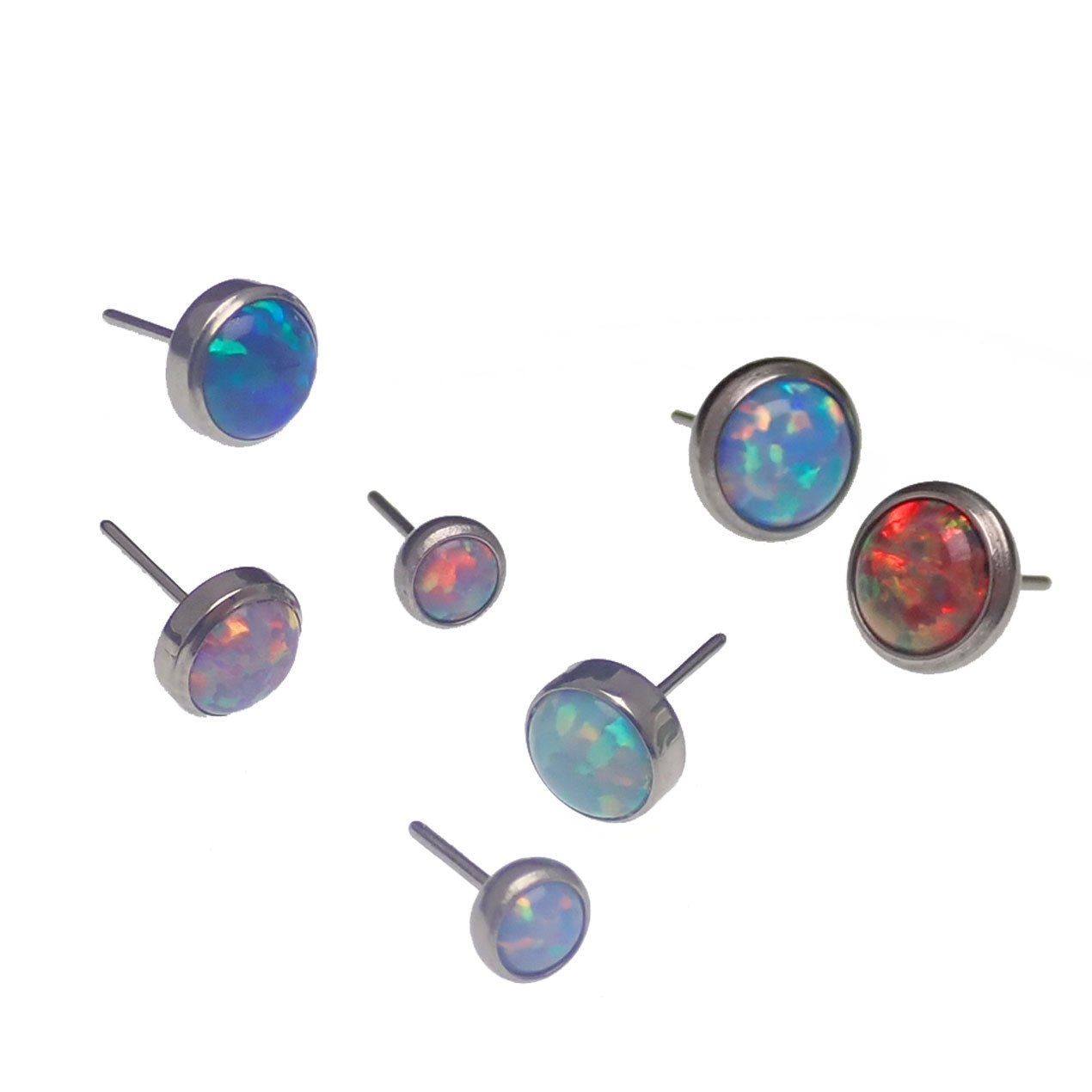 Straight push-fit barbell with opal ends in blue for body jewelry, available in 12g, 14g, and 16g from Body Clickers.